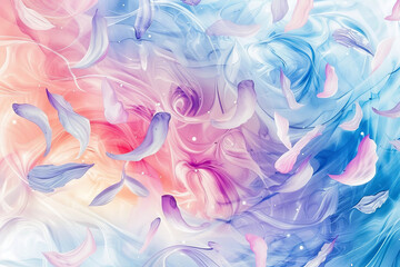 Fototapeta premium beautiful pink and purple flower petals falling, swirling in the wind, soft pastel glowing light, blue background