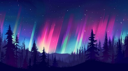 Naklejka premium Northern lights over a pine forest with a colorful night sky