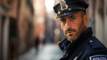 Obraz premium Italian police officer with an authoritative expression standing in an urban setting with blurred background and copy space