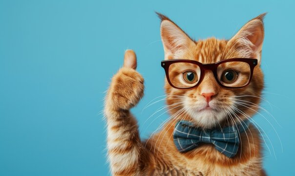 A ginger cat with glasses and a bow tie points his finger at the side against a blue background. Stock.