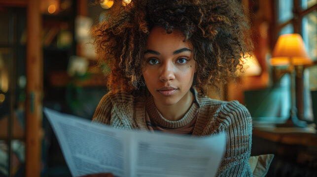 close up shot woman rereading and ratifying a paper document serving as a written contract