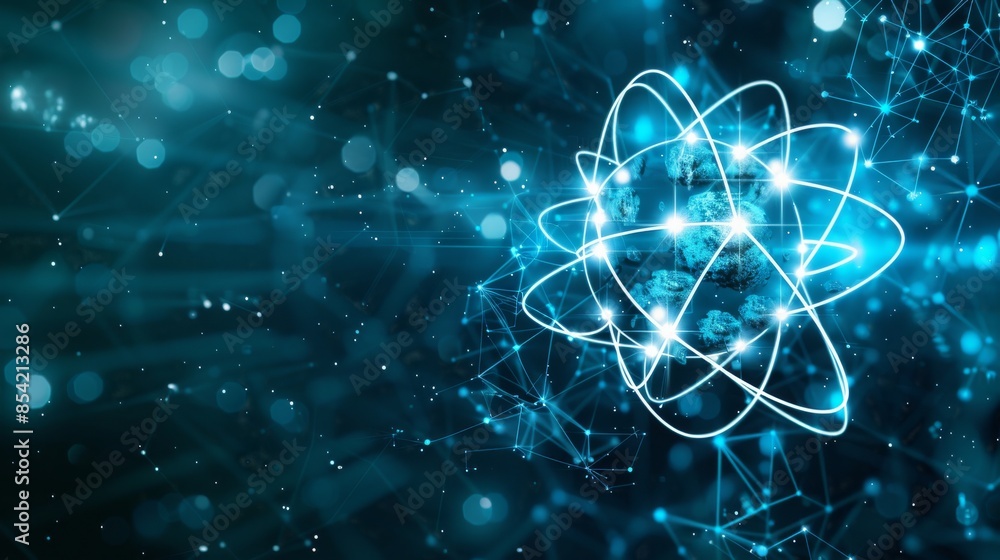 Poster space background with polygonal shapes and connecting lines. abstract atom.
