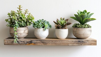 Fototapeta premium Artificial succulents in white pots on wooden shelf against white wall