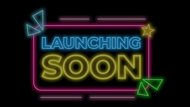 Launching Soon! luminous animated neon text. Launching Soon, glowing light with neon grid gradients and eye-catching colors. For advertising and promotional videos.