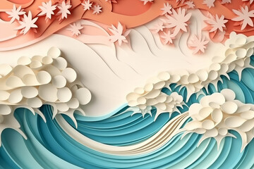 colorful paper cut art style background, fantasy landscape with waves and sea in the foreground.