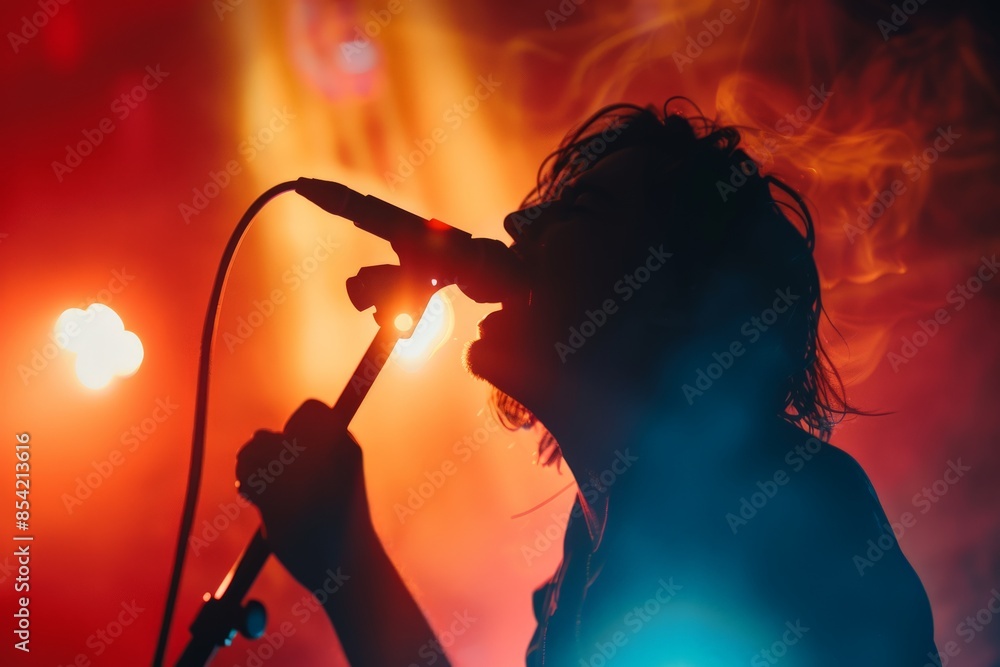 Aufkleber a performer passionately singing into a microphone against a backdrop of intense stage lighting and 