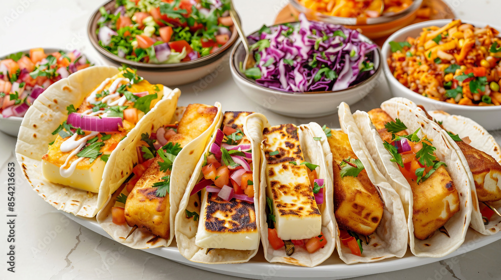 Wall mural delicious fried halloumi cheese plate with colorful garnishes and tacos platter - stock photo