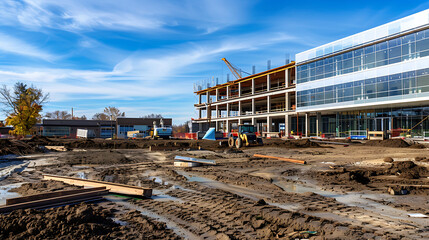 construction site for a large building with a clear blue sky background