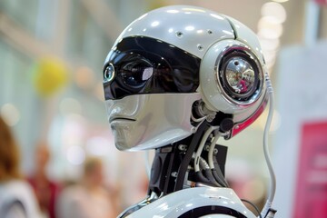 Detailed shot of a robotic head with a sophisticated camera eye, set in a sleek futuristic design