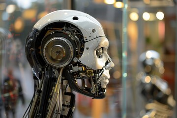 Fototapeta premium A detailed close-up of a robot head, showcasing advanced robotics technology and artificial intelligence in a laboratory setting