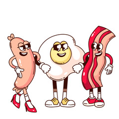 Groovy fried egg, bacon and sausage cartoon characters friends. Funny retro morning food standing together, tasty breakfast mascot, cartoon egg and company sticker of 70s 80s style vector illustration