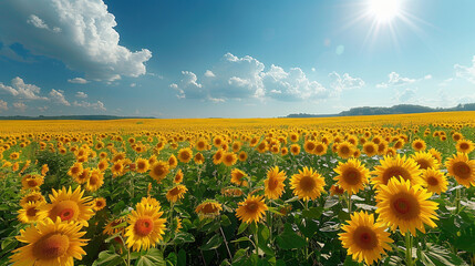 Panoramic sunflower field, blossoms reaching towards sun, blue sky background. Concept agricultural