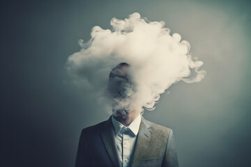 The head of the businessman is covered with clouds. Business concept