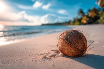 A single coconut rests on white sand with the ocean and a sunset sky in the background, highlighting a tropical paradise
