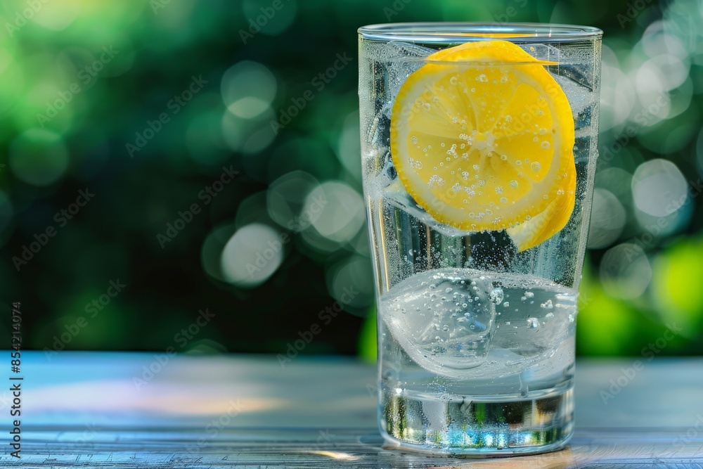 Poster a refreshing glass of sparkling water with a lemon slice, set against a soft bokeh background