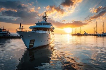 Picture of an opulent yacht cruising with the backdrop of a breathtaking orange sunset and calm waters