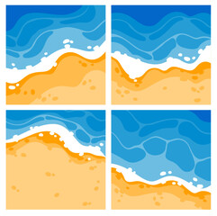 Sea sandy cartoon beach top view, square banners set. Summer tropical ocean landscapes from above. Blue turquoise water waves and yellow sand, happy vacation cards cartoon vector illustration © setory