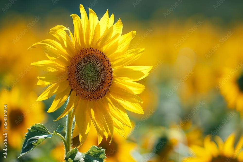 Poster a single sunflower stands out in sharp focus against a backdrop of a sunflower field and bokeh