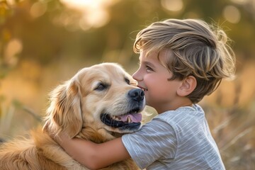A young boy is shown embracing a golden retriever in a tender moment, face not visible