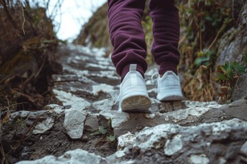 close legs in sneakers sports shoes. Tracking. Travel to the mountains. paving stones, stone road,