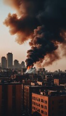 Dramatic cityscape with thick smoke plumes rising from a house fire and military actions at sunset, creating a powerful visual impact