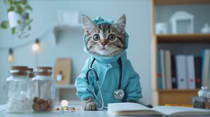 Cute cat in a vet costume with stethoscope, sitting on a table in a veterinary clinic. Cat doctor