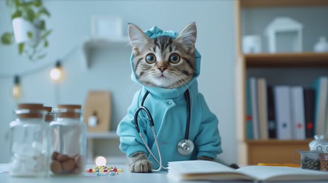 Cute cat in a vet costume with stethoscope, sitting on a table in a veterinary clinic. Cat doctor