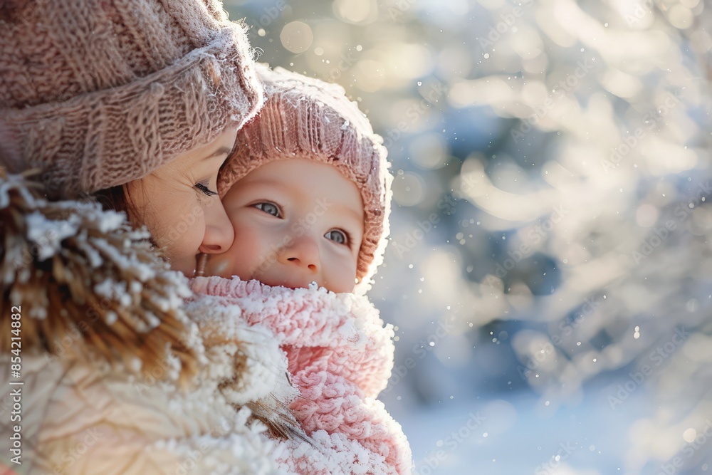 Poster close-up of knitted winter clothing with intricate patterns covered in snow and bathed in sunlight