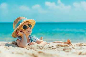 Child in a sun hat sits on the beach with visible sand, seashells, and sea backdrop