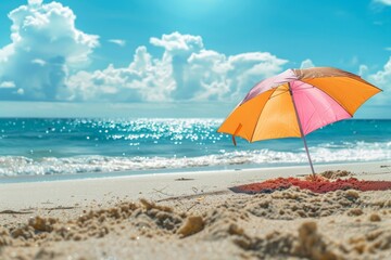 Bright orange beach umbrella stands out against the shining blue ocean on a sandy shore