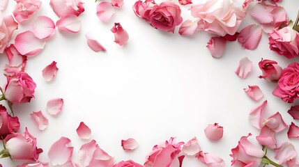 Floral frame composition. Close up of blooming pink roses flowers and petals isolated on white table background. Decorative web banner. Styled stock photo. Empty space