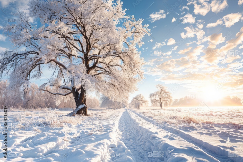 Poster a frosty and sunny day capturing trees covered in hoarfrost against a clear blue sky with a snow-cov