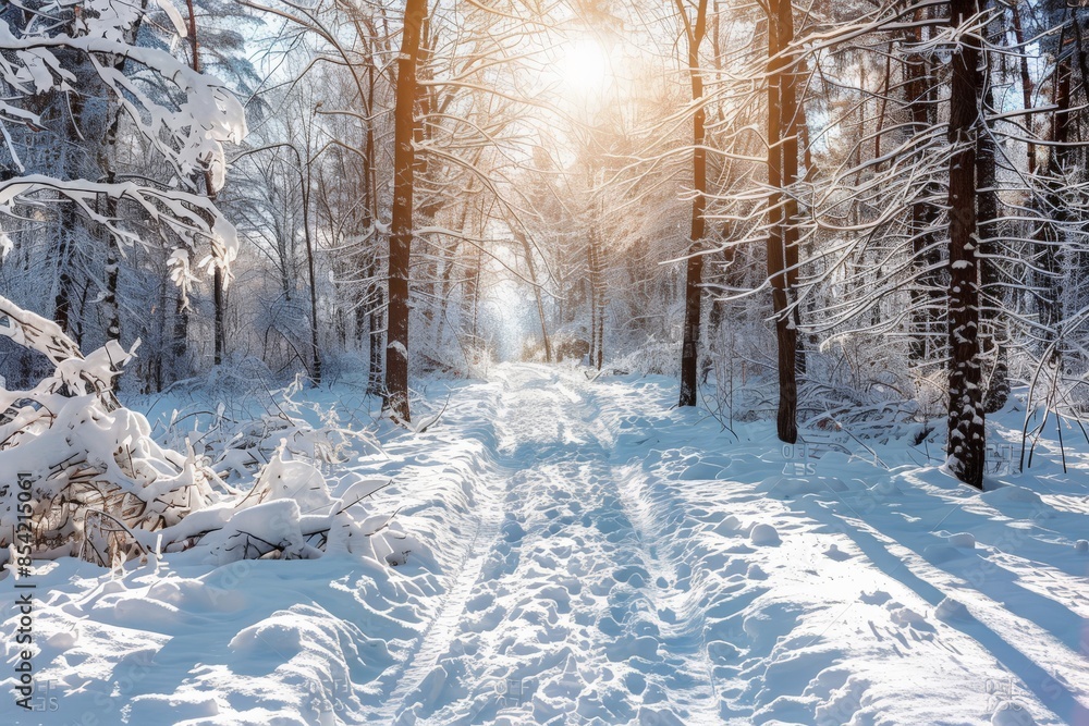 Poster a snowy trail cuts through a dense forest lit by warm sunlight filtering through
