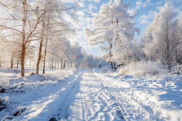 Fototapeta premium The road blanketed in snow with icy trees lining its side makes for a serene winter view