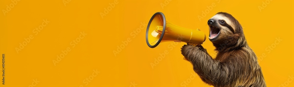 Fototapete this is a happy sloth holding a yellow megaphone with generative ai speaking into it over yellow sol