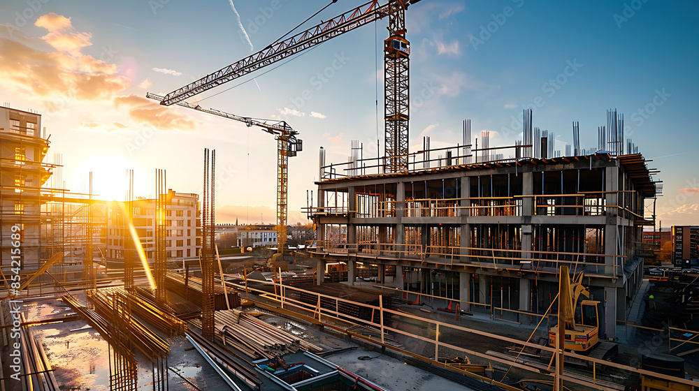 Poster construction site for a large building with a clear blue sky background