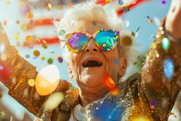 An old woman holding an American flag sings on a confetti background. Inspiration for a US flag, Independence Day celebrations, emigration, emigration, and generative AI.