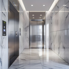 Modern minimalist office building elevator with stainless steel doors and digital floor indicator, conveying efficiency and contemporary design.