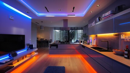 Create a contemporary kitchen retreat with a smart TV and LED strips integrated into the shelving units, casting a