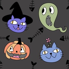 Halloween animals seamless cats and pumpkins pattern for wrapping paper
