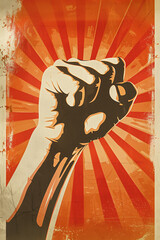 Illustration of a raised fist against a background of orange and red sunburst rays. The image evokes a sense of strength, determination, and unity