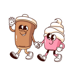 Groovy coffee cup and cupcake with cream cartoon characters walking. Funny retro breakfast couple, morning food mascot, cartoon coffee with dessert sticker of 70s 80s style vector illustration