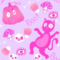 Halloween animals seamless cats and pumpkins pattern for wrapping paper