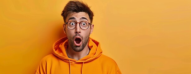 Obraz premium On a colored background, a shocked young man wears glasses.