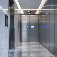 Modern minimalist office building elevator with stainless steel doors and digital floor indicator, conveying efficiency and contemporary design.