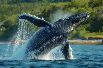 Fototapeta premium image of a humpback whale jumping out of the sea water 