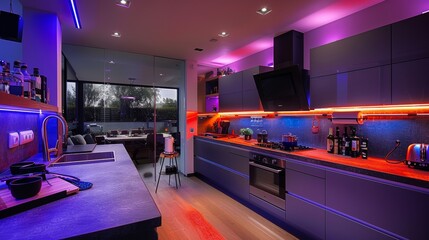 Design a modern kitchen with a sleek TV screen integrated into the cabinetry and LED strips lining the countertops