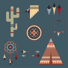 Hand-drawn vector elements in native american style. Teepee tent, dreamcatcher, musical instrument, arrows and feathers. Set of simple shapes illustrations. Collection of icons © Tanya