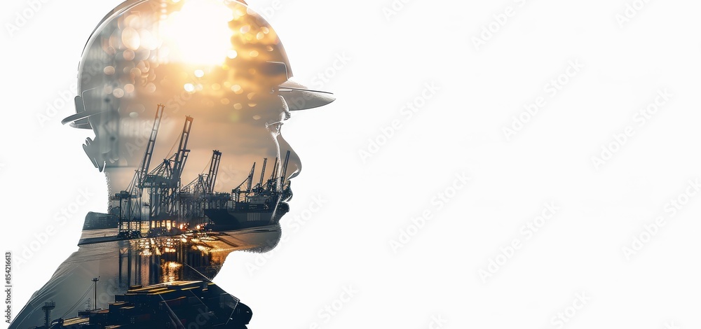 Poster double exposure engineer checks and controls welding robotics automatic arms machines in smart facto