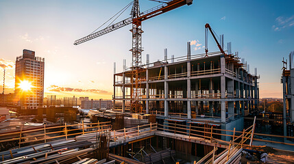 construction site for a large building with a clear blue sky background